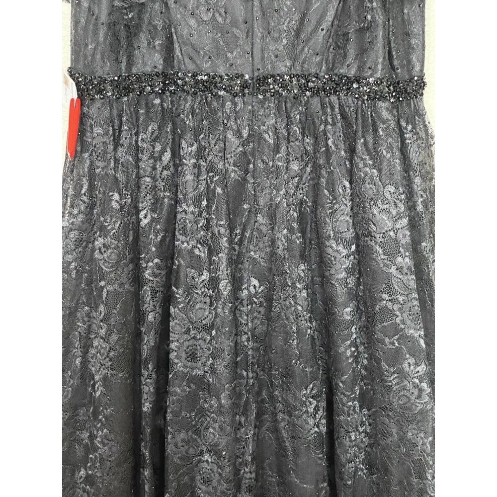 Mac Duggal Lace V-Neck Beaded Tea Length‎ Midi Cocktail Dress Black Size 14W - Picture 14 of 15